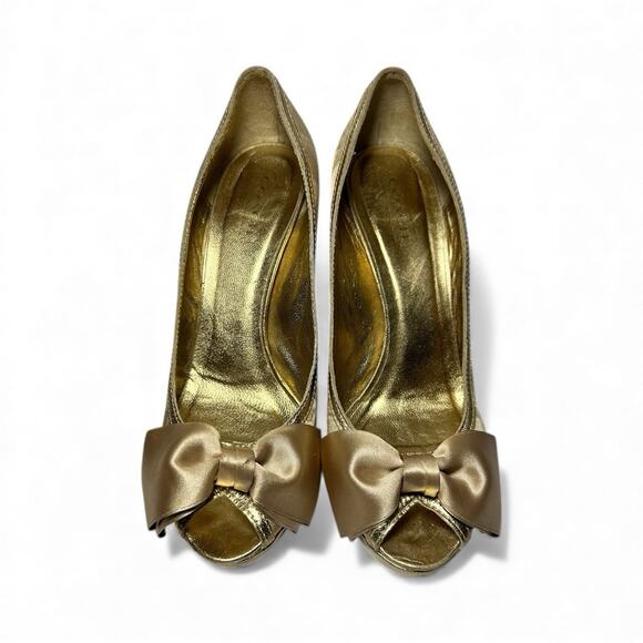 Coach Daisey Gold Platform Heels w/ Satin Bow, Peep Toe, Mono Logo, Women's 9B - Picture 2 of 12